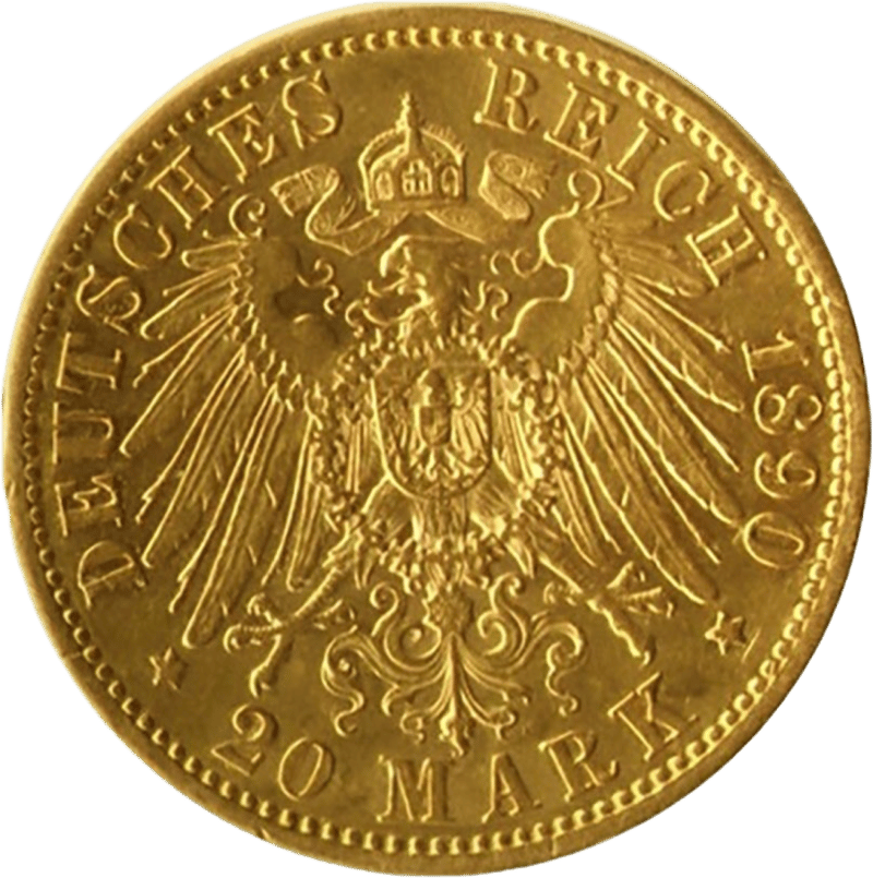 20 marcos Prusia, Guillermo II, reverso con el águila imperial y el valor
