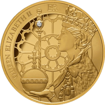 1 Unze Gold 70 Jahre Krönung Queen Elisabeth II. 2023 PP (Auflage: 150| Polierte Platte | mit echtem Diamant)