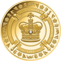 1 Unze Gold Krönung King Charles III. 2023 PP (Auflage: 150 | Polierte Platte | mit echtem Diamant)