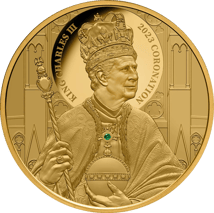 1 Unze Gold Krönung King Charles III. 2023 PP (Auflage: 150 | Polierte Platte | mit echtem Smaragd)
