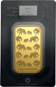 100 g Elefanten Goldbarren (Rand Refinery)