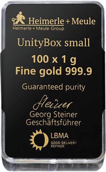 100 x 1g Goldbarren Heimerle und Meule UnityBox