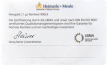 1g Goldbarren Heimerle und Meule Ich Liebe Dich FineCard