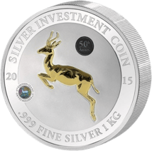 1kg Silber Gabun Springbock 2015 Giant Edition (Teilvergoldet | Schwarz-Rhodium)