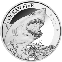 1kg Silber Ocean Five Weißer Hai 2022 PP (Auflage: 100)