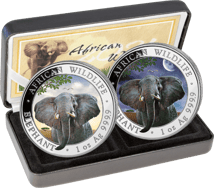 2 x 1 Unze Silber Somalia Elefant Tag & Nacht Set 2021 (Auflage: 500 | coloriert)