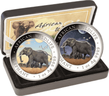 2 x 1 Unze Silber Somalia Elefant Tag & Nacht Set 2022 (Auflage: 500 | coloriert)