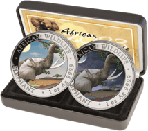 2 x 1 Unze Silber Somalia Elefant Tag & Nacht Set 2023 (Auflage: 500 | coloriert)