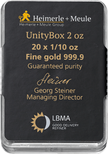 20 x 1/10 Unze Goldbarren Heimerle und Meule Unity Box