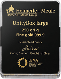 250 x 1g Goldbarren Heimerle und Meule UnityBox