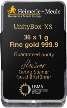 36 x 1g Goldbarren Heimerle und Meule UnityBox