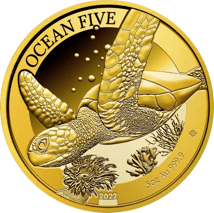 5 Unze Gold Ocean Five Schildkröte 2022 PP (Auflage: 33 | Polierte Platte)