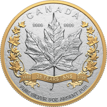 5 Unze Silber 35 Jahre Maple Leaf 2023 (Auflage: 2.000 | teilvergoldet | Polierte Platte)