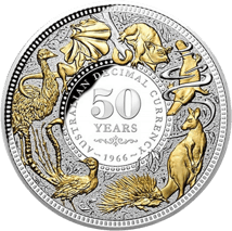5 Unze Silber 50 Jahre Dezimalwährung PP 2016 (Niue 10$ | teilvergoldet | WMF-Sonderausgabe)