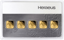 5 x 1 g Heraeus Multicard Goldbarren