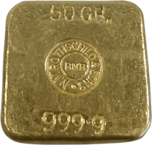 50 g Goldbarren Rothschild (großer Prägestempel auf Rundseite)