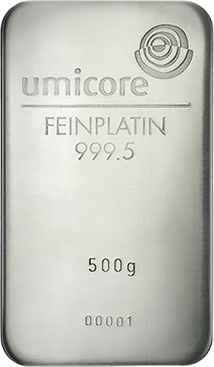 500g Platinbarren Umicore, Heraeus, Degussa