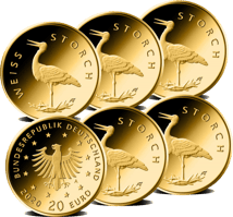 Komplettsatz 1/8 Unze Gold 20 Euro Weißstorch 2020 (Heimische Vögel | Buchstabe: A, D, F, G, J)