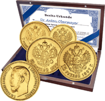 Komplettsatz 4 Münzen Gold Rubel Zar Nikolaus (5 Rubel, 7,5 Rubel 10 Rubel, 15 Rubel)